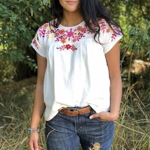 Abrazo Style Ximena Fiesta Mexican peasant Embroidered Floral Tunic Top Medium